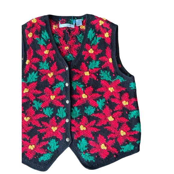 Vtg Signature Northern Isles Hand Knit Poinsettias Sweater Vest M Holiday Xmas - Picture 4 of 7